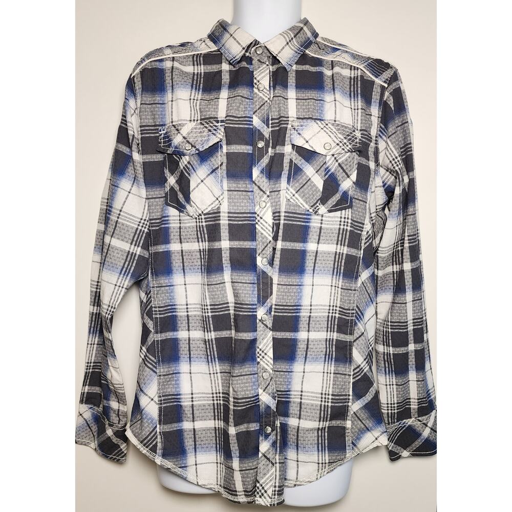 BKE Western Grunge Plaid Pearl Snap Shirt Standard Fit XL